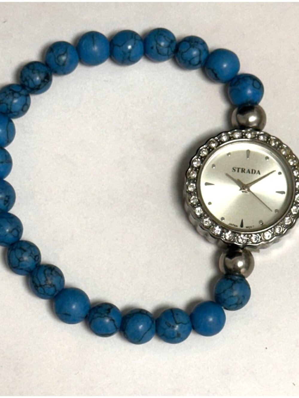 Strada Watch Women Silver Tone Blue Beaded Stretch Bracelet Band New Battery